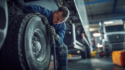 Mechanic Repairing Truck Tire in Busy Workshop