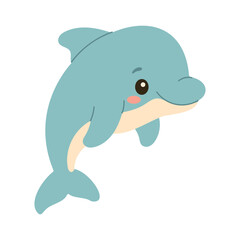 A cartoon dolphin is flying in the air. The dolphin is smiling and has a cute expression. The image is colorful and playful, with a lighthearted mood