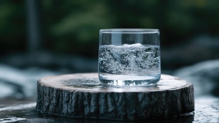 Refreshing glass of sparkling water on a wooden slice