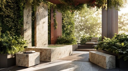 Luxury outdoor bath with privacy screens and greenery  