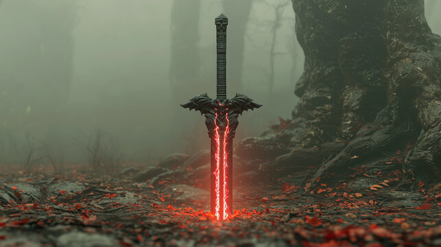 Fantasy black sword glowing with red magic, embedded in dark forest ground with red leaves and heavy mist