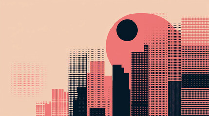 Obraz premium Stylized city skyline with halftone dot effect, tall buildings, and abstract sun on pastel background in modern art style
