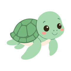 A cute cartoon turtle is smiling and looking at the camera. The turtle is green and has a cute, cuddly appearance