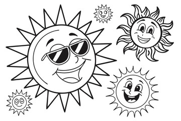 45 Cartoon weather icons, cheerful smiling sun character, vibrant rainbow with clouds, fluffy white cloud, dark rain cloud with raindrops, stormy cloud with lightning bolts and rain, colorful children