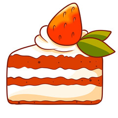 a colorful cartoon illustration of a slice of strawberry cake. The cake has distinct layers of light orange sponge and white cream filling