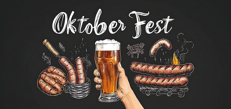 OktoberFest poster, banner background with an illustration of beer, bratwursts and grill tools