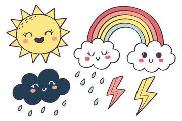45 Cartoon weather icons, cheerful smiling sun character, vibrant rainbow with clouds, fluffy white cloud, dark rain cloud with raindrops, stormy cloud with lightning bolts and rain, colorful children