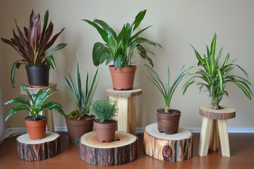 Assorted houseplants on rustic wooden stands