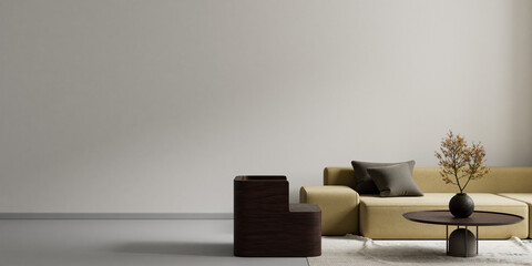 living room interior mock up with modern furnitures. Empty wall mock up in modern interior design. 3D illustration