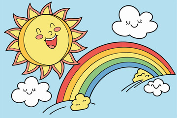 46 Bright cartoon sun, vibrant rainbow arch, fluffy white clouds, cheerful weather illustration, colorful children's book style, clear blue sky background, optimistic mood, simple shapes, bold colors,