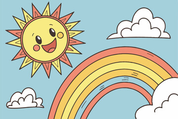 Fototapeta premium 46 Bright cartoon sun, vibrant rainbow arch, fluffy white clouds, cheerful weather illustration, colorful children's book style, clear blue sky background, optimistic mood, simple shapes, bold colors,