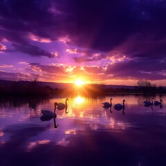 Serene Swans Gliding on Water at Dusk Peaceful Reflection Amidst Colorful Sunset Skies.