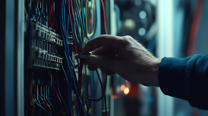 Electrician working on electrical panel wires. Featuring technical expertise and precision