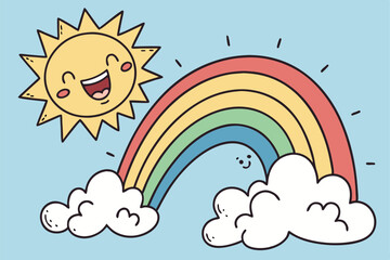 46 Bright cartoon sun, vibrant rainbow arch, fluffy white clouds, cheerful weather illustration, colorful children's book style, clear blue sky background, optimistic mood, simple shapes, bold colors,