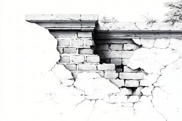 Cracked Brick Wall: Detailed monochrome shot of a weathered brick wall with significant damage. The image captures the intricate textures and patterns of age and decay.