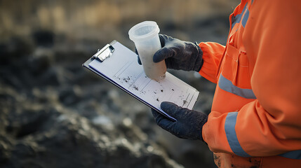 Environmental inspector at lithium mine analyzing soil sample. Featuring assessment and responsibility