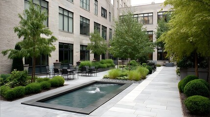 Serene Urban Oasis with Reflecting Pool and Lush Greenery Garden in Modern Building Courtyard.