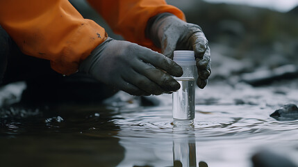 Environmental officer testing lithium mining site water quality. Featuring ecological monitoring and responsibility