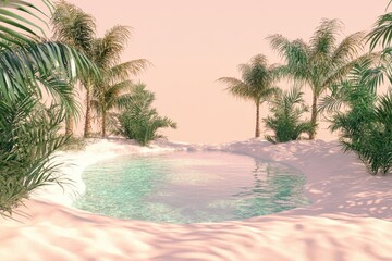 Pastel paradise pool surrounded by tropical palms.
