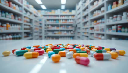 Colorful capsules scattered on a pharmacy counter, highlighting the importance of medication in health care.