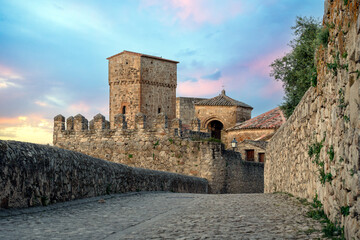 Cobbled street in the historic center of Trujillo, Cáceres, Extremadura, Spain, with its...