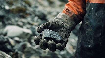 Experienced lithium miner holding ore sample at excavation zone. Featuring precision and expertise