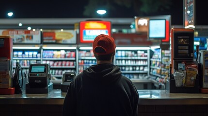 A 24-hour gas station cashier watching security cameras behind the counter --ar 16:9 --v 6.1 Job ID: fd7e156f-2c34-4b1c-8ae5-b8e7d80cf126