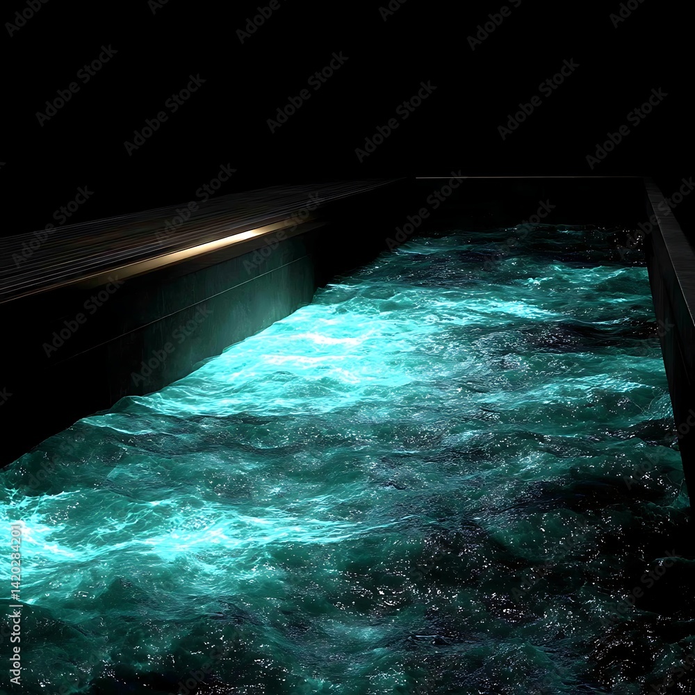 Poster serene waterscape at night with gentle ripples and tranquil light reflection from structure above.