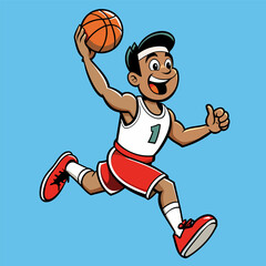 Cartoon basketball player running with the ball in his hand wearing a white jersey and red shorts