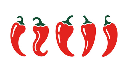 Fiery Essence: Five vivid, illustration-style, ripe, red chilies, bursting with culinary potential, isolated against a plain backdrop, symbolizing spice, heat, and zest.