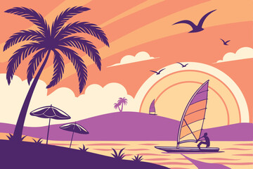 48 Vibrant tropical sunset, windsurfer silhouette, palm trees, beach umbrellas, colorful gradient sky, orange and purple hues, stylized clouds, seagulls in flight, calm ocean waters, vector art style,