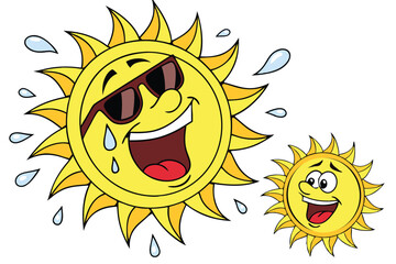49 Sun emoji, cartoon sun, sunglasses, expressive faces, yellow, black shades, smiling sun, surprised sun, cool sun, happy sun, tongue out, sweating sun, 3D render, glossy, cheerful, summer vibes, vec