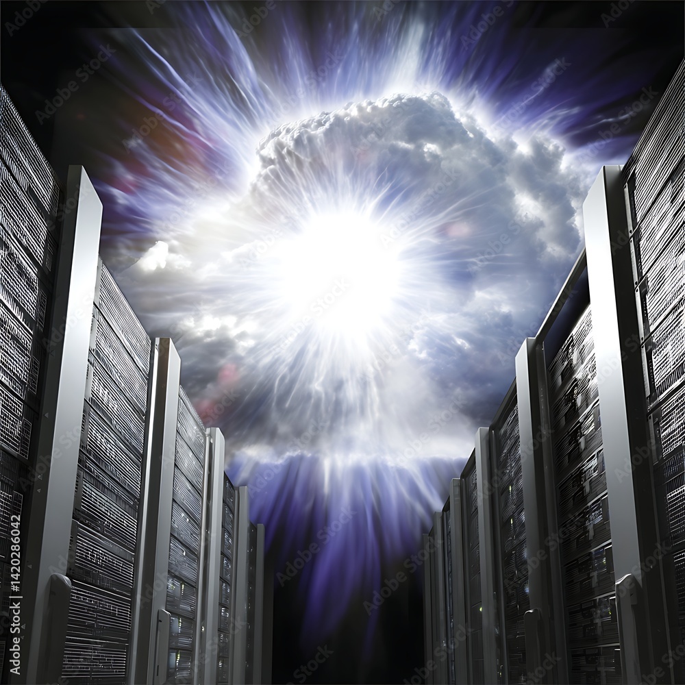 Poster servers hosting enigmatic cloud data storage infrastructure solution for digital realm access.
