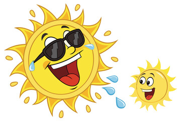 49 Sun emoji, cartoon sun, sunglasses, expressive faces, yellow, black shades, smiling sun, surprised sun, cool sun, happy sun, tongue out, sweating sun, 3D render, glossy, cheerful, summer vibes, vec