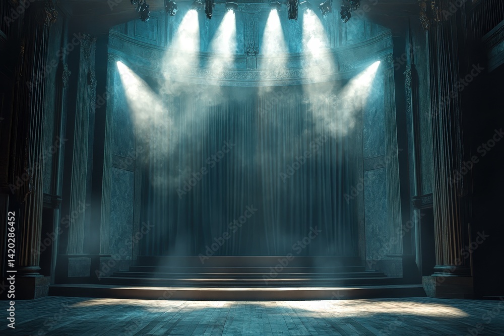 Poster stage design featuring dramatic red lighting and elevated platforms in a theater setting for an even