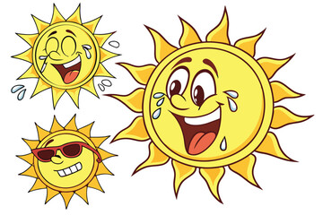 49 Sun emoji, cartoon sun, sunglasses, expressive faces, yellow, black shades, smiling sun, surprised sun, cool sun, happy sun, tongue out, sweating sun, 3D render, glossy, cheerful, summer vibes, vec