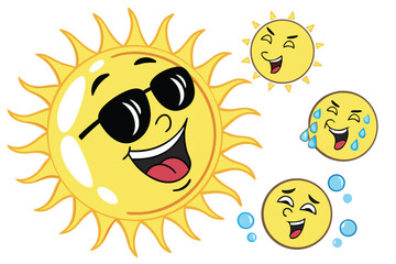 49 Sun emoji, cartoon sun, sunglasses, expressive faces, yellow, black shades, smiling sun, surprised sun, cool sun, happy sun, tongue out, sweating sun, 3D render, glossy, cheerful, summer vibes, vec
