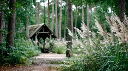 Shelter Amidst Lush Greenery Serene Forest Retreat with Tall Trees and Wild Grasses Nature Escape.