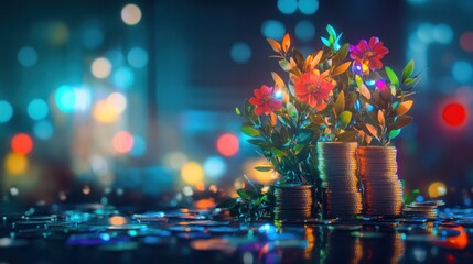 Money stacks sprout colorful flowers, against blurred city lights