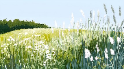 Lush Green Meadow with Wildflowers and Soft Breeze under Blue Sky