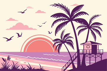 50 Tropical sunset beach, palm tree silhouettes, vibrant gradient sky, large sun, pastel colors, minimalist design, vector art style, purple ocean, lifeguard tower, seagulls, fluffy clouds, serene atm