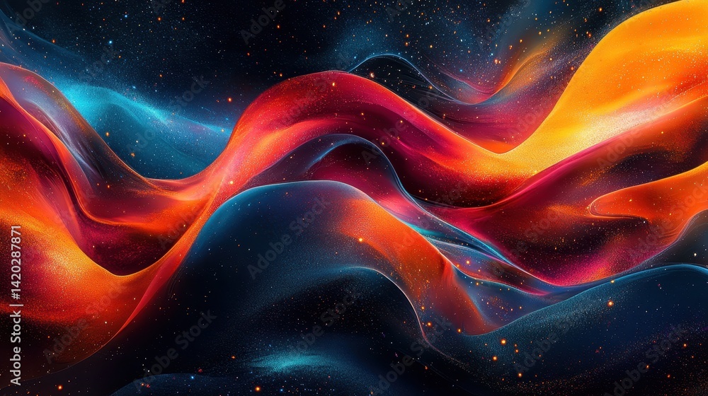 Poster colorful abstract waves blend together gracefully, creating a swirling cosmic display of vibrant hue