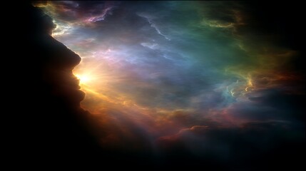 Fototapeta premium Silhouette Cliff Edges with Shimmers of Colorful Cosmic Sky Aura and Brilliant Golden Light Burst Effect