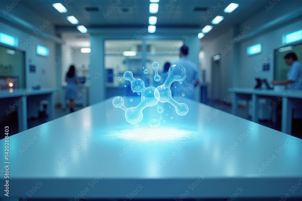 Poster modern lab with empty table and 3d molecule display