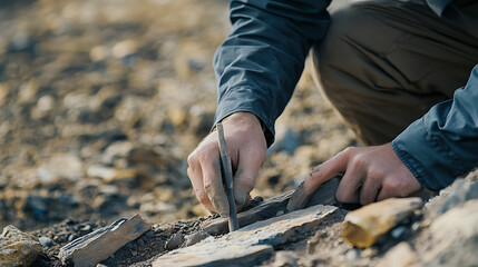 Geologist identifying mineral layers in the earth with tools. Featuring discovery and fieldwork