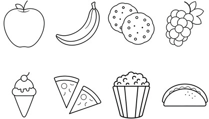 Black and White Food Icons – Printable Food Coloring Page for Kids and Teachers 