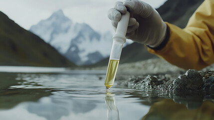Geologist measuring lithium concentration in water samples with lab equipment. Featuring detailed environmental analysis