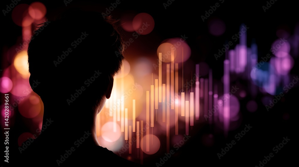 Poster silhouette of a person observing abstract data visualization with light and color effects