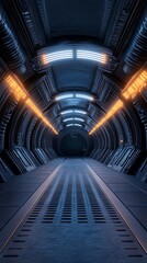 Futuristic spaceship corridor with glowing neon lights and metal walls