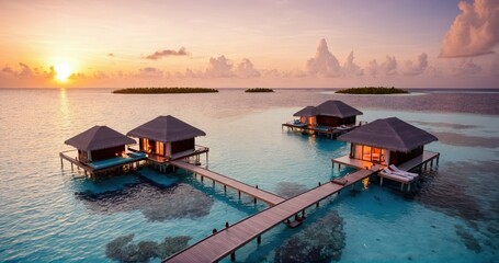 Fototapeta premium Luxury all-inclusive resorts on turquoise water at sunrise, featuring overwater villas, tropical paradise views, and serene ocean scenery for perfect vacation and relaxation.